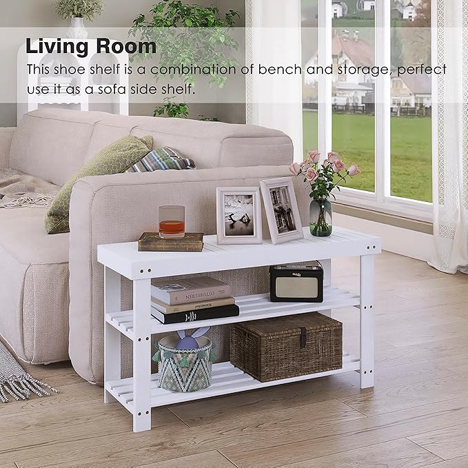 SMIBUY Bamboo Shoe Rack Bench, 3-Tier Shoe Organizer Storage Shelf for Entryway Hallway Bathroom Living Room (White)-NeatNest
