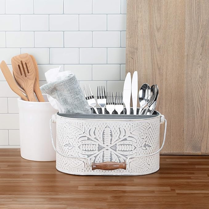 CRAFTSMAN ROAD Distressed White Metal Caddy – Farmhouse Galvanized Kitchen Organizer with Handle – Vintage Rustic Multi-Compartment Holder for Napkins, Plates, Cutlery, Flatware, Cleaning Supplies-NeatNest
