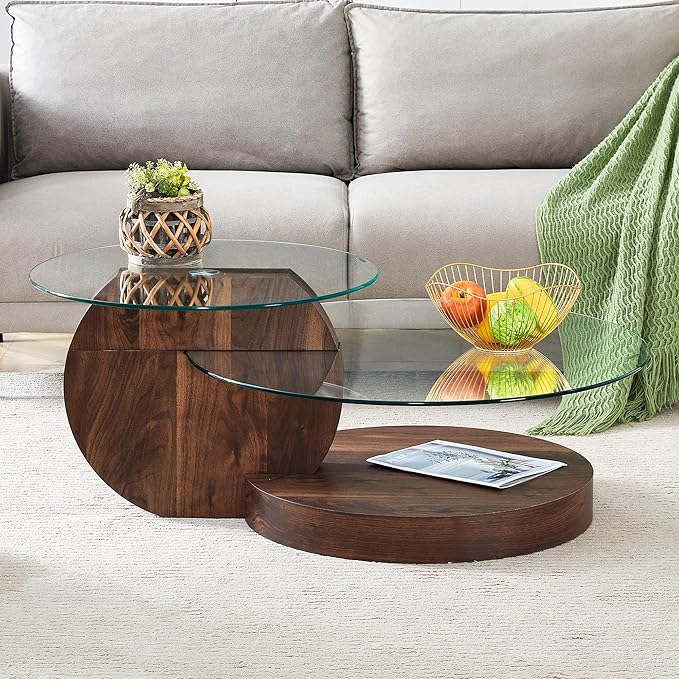 Glass Coffee Tables for Living Room Round Coffee Tables Modern Double Layer Round Table Circle Coffee Table for Small Space Home Office (42 Inch Dark Brown)