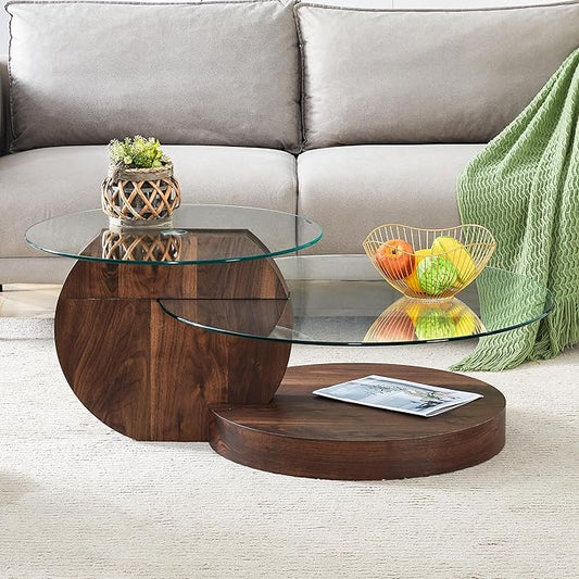 Glass Coffee Tables for Living Room Round Coffee Tables Modern Double Layer Round Table Circle Coffee Table for Small Space Home Office (42 Inch Dark Brown)