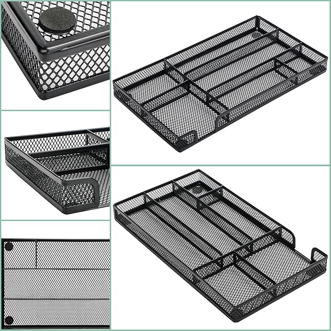 Annova Desk Drawer Organizer Tray for Office Organization - Metal Mesh - Storage Tray with Dividers for Pens, Desktop Accessories, Bathroom, Kitchen, Makeup and Office Supplies (Small, Black)-NeatNest