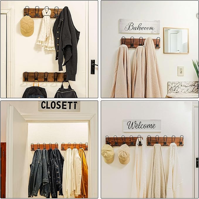 Dseap Coat Rack Wall Mounted - Heavy Duty Farmhouse Rustic Wall Coat Hanger With 5 Wire Hooks for Clothes Hat Jacket Towel, RusticWire, G25A, Whitewash & Black-NeatNest