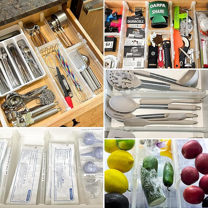 HiYZ Expandable Drawer Dividers - 12.6-22.8'' Adjustable Drawers Organizers for Kitchen Utensils, Drawer Separators in Bedroom, Dresser, Office, Bathroom, Fridge, 12 Pack Long Dividers-Clear-NeatNest