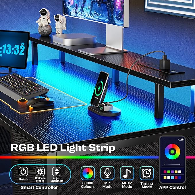 Huuger 47 inch Computer Desk with 4 Drawers, Gaming Desk with LED Lights & Power Outlets, Home Office Desk with Large Storage Space for Bedroom, Work from Home, Black-NeatNest
