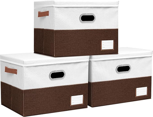 Foldable Fabric Storage Boxes with Lids, Collapsible Versatile Bins Baskets Cubes with Handles for Easy Organization in Closet, Living Room, and Bedroom (Brown & White, 3PCS/17*11.8*11.8in)-NeatNest