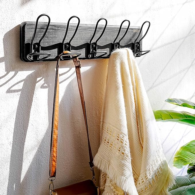 Dseap Coat Rack Wall Mounted - Heavy Duty Farmhouse Rustic Wall Coat Hanger With 5 Wire Hooks for Clothes Hat Jacket Towel, RusticWire, G25A, Black-NeatNest