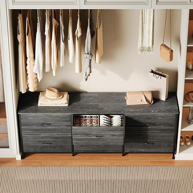 Huuger 63 Inch Long Dresser for Bedroom, TV Stand for 55, 65, 70 Inch TV, 6 Drawer Dresser for Closet with Fabric Drawers, Storage Organizer for Bedroom, Entryway, Charcoal Black Wood Grain Print-NeatNest