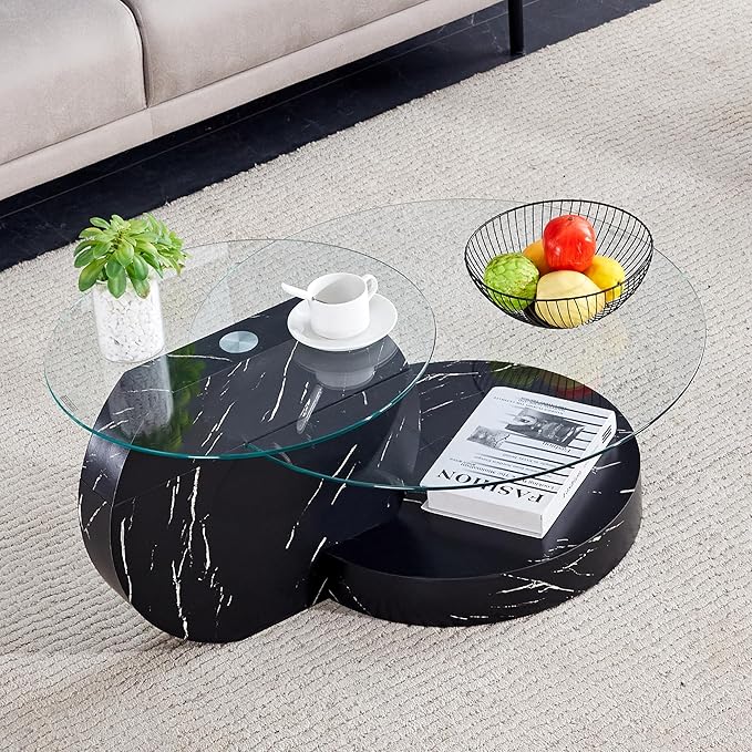 Glass Coffee Tables for Living Room Round Coffee Tables Modern Double Layer Round Table Circle Coffee Table for Small Space Home Office (35.4 Inch Black)