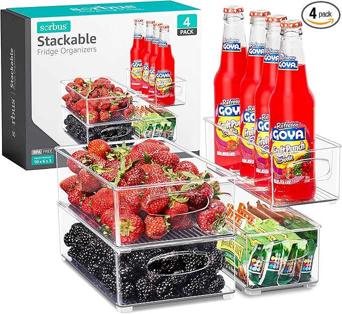 Sorbus Stackable Refrigerator Organizer Bins - Set of 4 Clear Storage Bins for Kitchen Pantry, Freezer & Fridge Organization - Food Organizing Plastic Containers with Handles for Countertops & Drawers-NeatNest