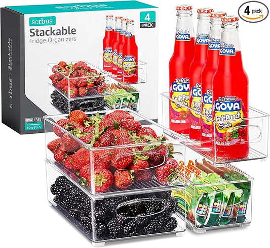 Sorbus Stackable Refrigerator Organizer Bins - Set of 4 Clear Storage Bins for Kitchen Pantry, Freezer & Fridge Organization - Food Organizing Plastic Containers with Handles for Countertops & Drawers-NeatNest