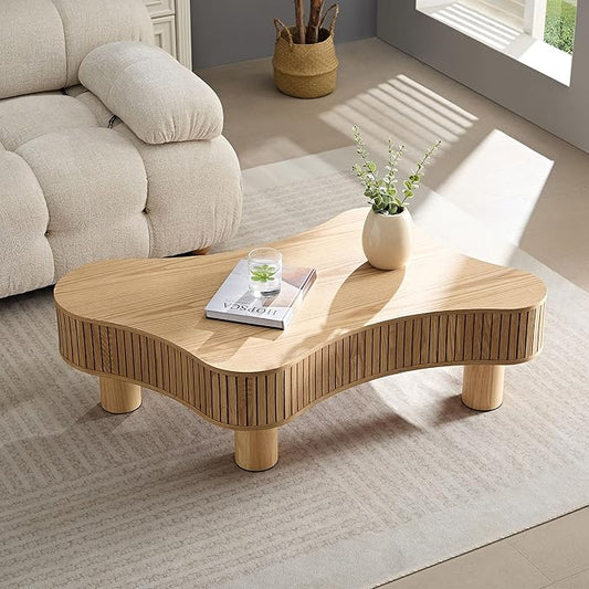 Kevinplus 42.52'' Modern Wood Coffee Table for Living Room, Contemporary Irregular Drum Curved Handcraft Coffee Table with Strong Legs, Easy Assembly, Oak