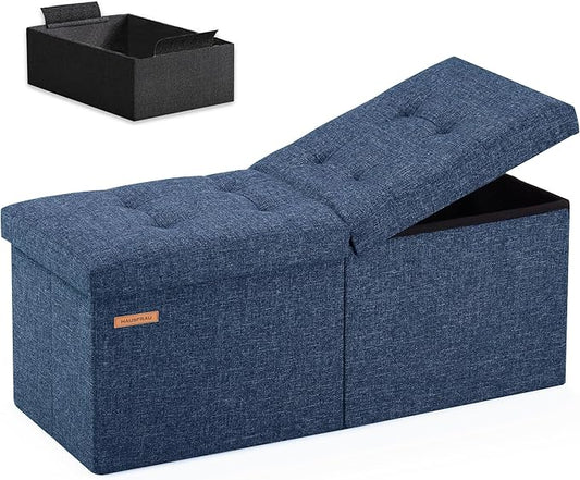 HAUSFRAU 31.5 Inches Ottoman with Storage Bench, Folding Ottoman Bench Small Foot Rest Stool, Bedroom Bench with Flipping Lid, Linen Navy Blue