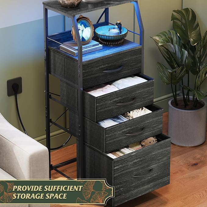 WLIVE Night Stand Set of 2 with Charging Station, Nightstand with LED Light and 4 Storage Fabric Drawers, Tall Dressers for Bedroom, Bedside Tables, Wood Shelf, Metal Frame, Black and Wood Grain Print