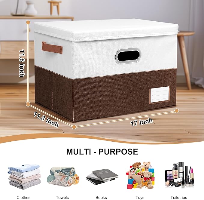 Foldable Fabric Storage Boxes with Lids, Collapsible Versatile Bins Baskets Cubes with Handles for Easy Organization in Closet, Living Room, and Bedroom (Brown & White, 3PCS/17*11.8*11.8in)-NeatNest