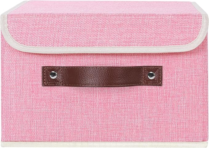 ANMINY Storage Bin with Lid Storage Boxes with PU Leather Handles PP Plastic Board Decorative Foldable Lidded Cotton Linen Fabric Home Cubes Baskets Closet Organizer Container - Pink, Small Size-NeatNest