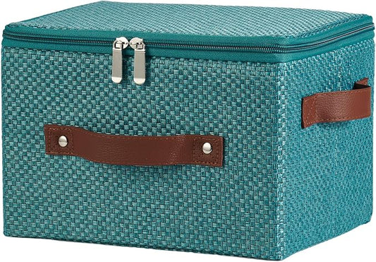 Storage Bins with Lid Fabric Storage Box Basket PU Leather Handle Textured Woven Cotton Linen Decorative Foldable Washable Shelf Closet Organizer Container (Zipper Lid, Blue, Small)-NeatNest