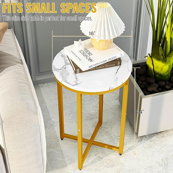 DKLGG Modern Gold Side Table Set of 2, Small Coffee Table Round End Table with Gold Frame, Faux Marble Side Table Bedside Table for Living Room, Bedroom, Small Space, 16" D*24" H