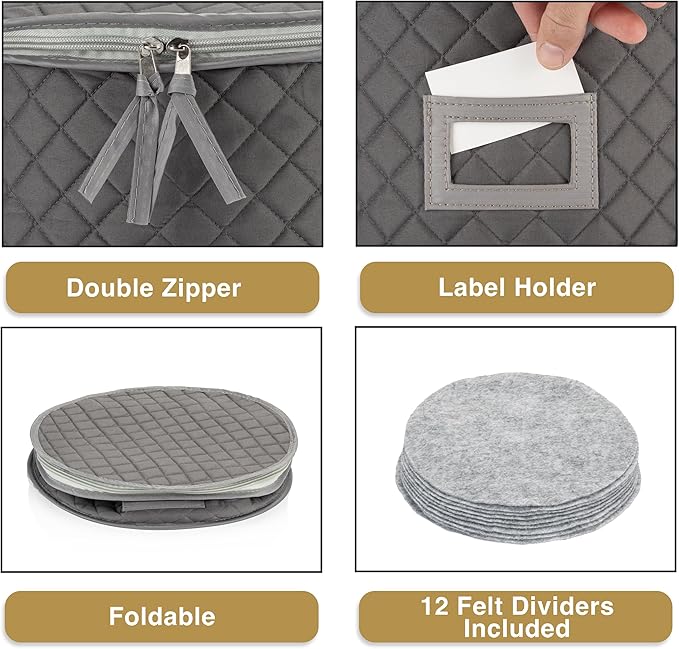 China Storage Case - Saucer or Small Plate Quilted Case - 7" diameter x 6" height - Gray - Includes 12 Felt Separators -Stackable With Padded Interior - Great for Appetizer Plates-NeatNest