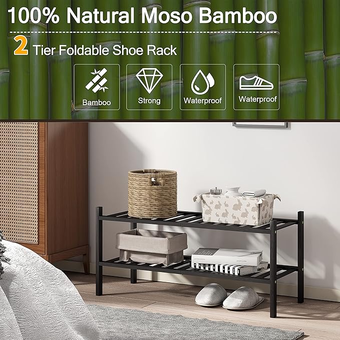 Shoe Rack, 2-Tier Bamboo Stackable Shoe Shelf Storage Organizer, Shoe Stand for Closet, Entryway and Hallway-NeatNest