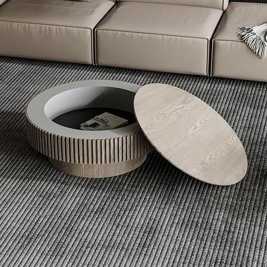 kevinplus 31.5'' Round Coffee Table Modern Wood Coffee Table with Storage Space for Living Room, Contemporary Circle Fluted Drum Pedestal Style, Easy Assembly, Gray (ø31.49'' x 14'')
