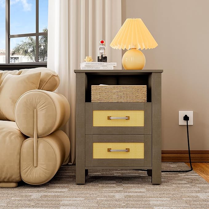 JUMMICO 26.18" End Table with Charging Station and Rattan Drawers, Farmhouse Nighstand, Wooden Storage Bedside Table, Living Room, Bedroom(1,Vintage Gray)