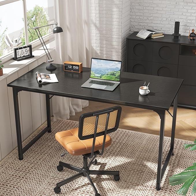 Huuger Computer Desk, 55 Inch Home Office Desk, Gaming Writing Work from Home Study Desk, Large Legroom, Sturdy Metal Frame, Modern Simple, Black-NeatNest