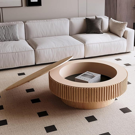 kevinplus 39.37'' Round Coffee Table Modern Wood Circle Fluted Drum Pedestal Coffee Table with Storage Space for Living Room, Easy Assembly, Wood