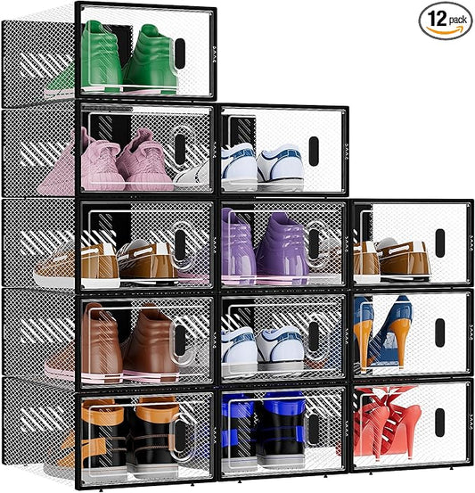 BALEINE 12 Pack Stackable Shoe Storage Boxes Fit Size 9, Thickened Clear Shoe Box Bins with Lids, Plastic Foldable Organizer Sneaker Storage Containers (Large, Black)-NeatNest