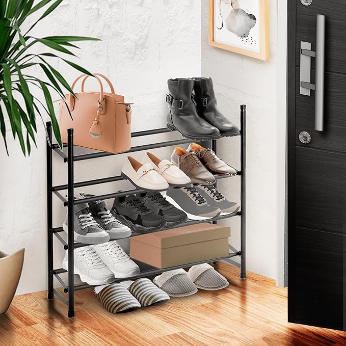 ikloo 4-Tier Shoe Rack for Closet and Entryway | Expandable and Stackable Shoes Organizer for Small Spaces | Adjustable Metal Shoe Shelf for Shoe Storage | Fit Up to 30 Pairs of Shoes | Black-NeatNest