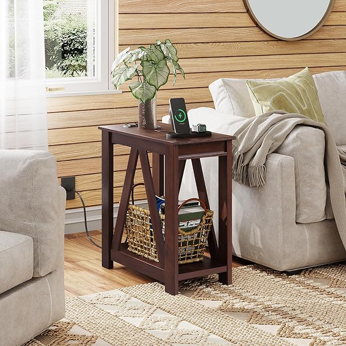 WLIVE End Tables Living Room Set of 2 with Charging Station, Sofa Side Tables with Open Storage Shelf, Slim Farmhouse End Table Sets, Espresso