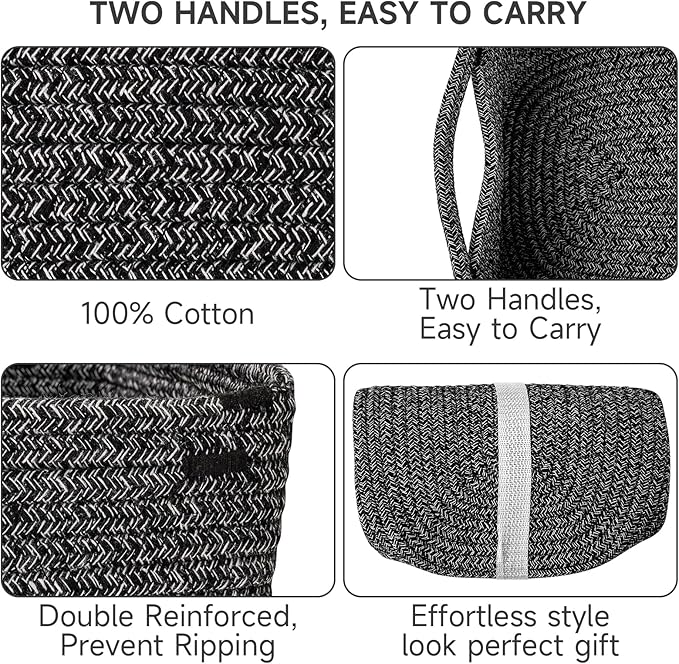 3-Pack Shelf Baskets for Organizing, Closet Organizer Bins, Small Woven Baskets, Rope Toy Basket, Storage Basket for Shelves, Cube Decorative Box, 11.5×7.5×4.7”, Mixed Black-NeatNest
