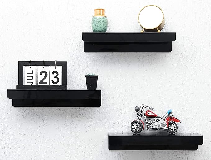 IEEK 15 Inch Black Acrylic Floating Wall Ledge Shelf,Wall Mounted Nursery Kids Bookshelf,5MM Thick Home/Office/Bathroom Storage Shelves Display Organizer Set of 3-NeatNest