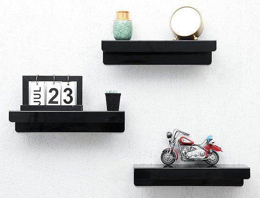 IEEK 15 Inch Black Acrylic Floating Wall Ledge Shelf,Wall Mounted Nursery Kids Bookshelf,5MM Thick Home/Office/Bathroom Storage Shelves Display Organizer Set of 3-NeatNest