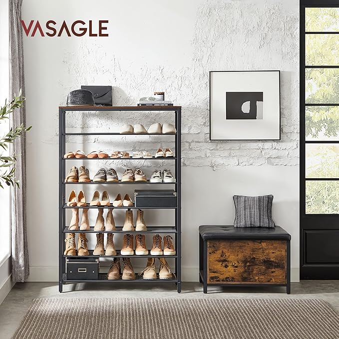 VASAGLE 8 Tier Shoe Rack, Shoe Organizer for Closet, Entryway, 32-40 Pairs of Shoes, Large Shoe Rack Organizer with 7 Metal Mesh Shelves, 11.8 x 39.4 x 59.8 Inches, Rustic Brown and Black ULBS012B01-NeatNest