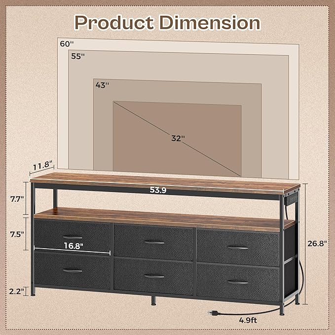 Huuger LED TV Stand for Bedroom, 55 Inch Fabric Dresser with Power Outlets, Entertainment Center for 60, 55 Inch TV, 6 Drawer Dresser for Bedroom, Chest of Drawers with Shlef, PU Leather, Rustic Brown-NeatNest