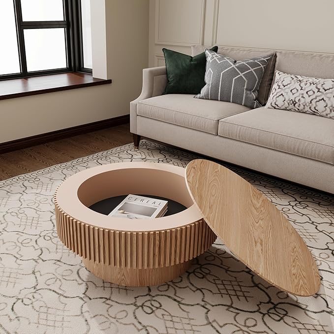kevinplus 31.5'' Round Coffee Table with Storage Space, Modern Wood Circle Fluted Drum Pedestal Coffee Table for Living Room, Easy Assembly, Oak (ø31.49'' x 14'')