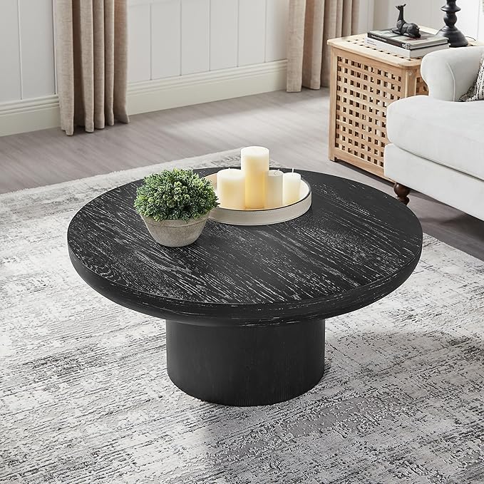 KEVINSPACE Round Coffee Table 36" Wood Coffee Table for Living Room Circle Farmhouse CoffeeTable CenterTable Mid-Century Round WoodCoffeeTable Modern Sofa SideTable Bedroom Home Furniture Black
