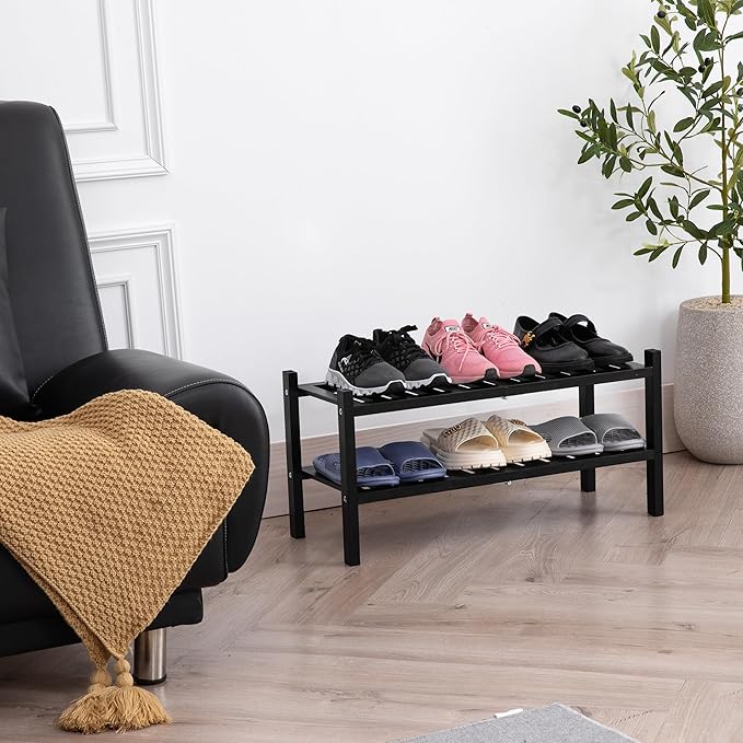 Black Acacia Wood 2-Tier Folding Shoe Rack – Space-Saving Wooden Shoe Organizer Shelf for Entryway, Hallway, Mudroom, or Closet – Compact Indoor Storage for Footwear & More-NeatNest