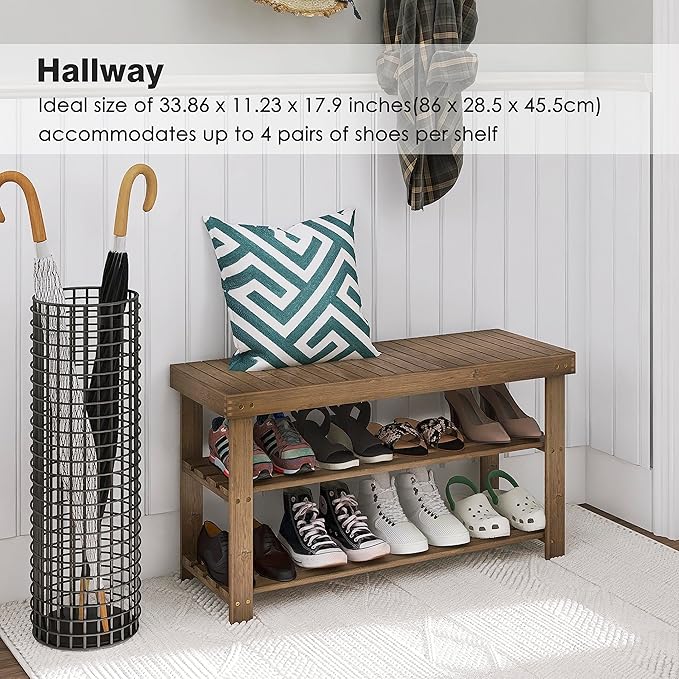 SMIBUY Bamboo Shoe Rack Bench, 3-Tier Shoe Organizer Storage Shelf for Entryway Hallway Bathroom Living Room (Walnut)-NeatNest