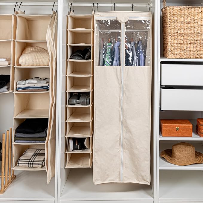 Household Essentials Hanging Shoe Organizer, 10 Wide Cubbies with Cedarline Pockets, Heavy-Duty Cotton Canvas, Removable and Industrial Hooks, Natural-NeatNest