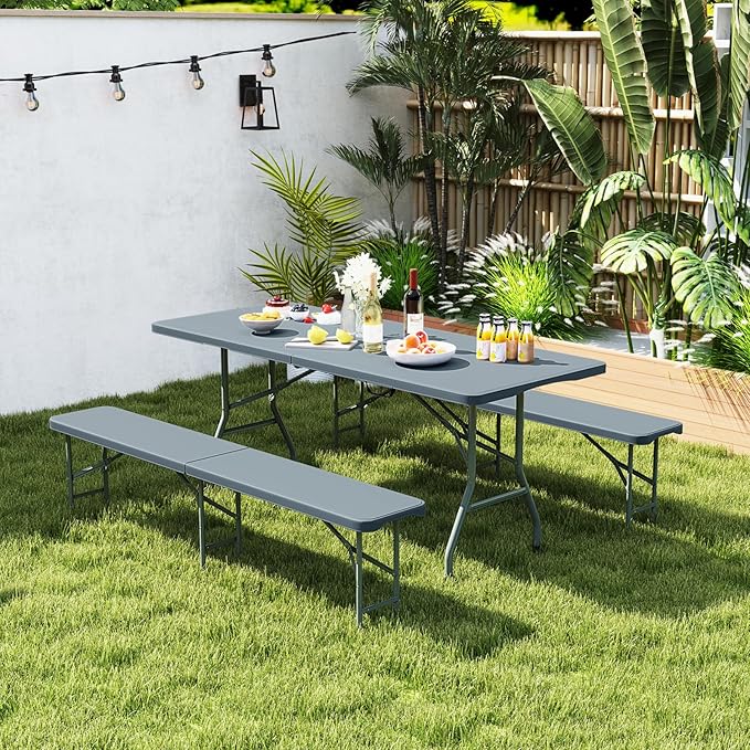 Goplus 6 Feet Plastic Folding Bench, 2 Pack Portable Foldable Bench Seat with 1320 LBS Capacity, HDPE Thickened Long Seat with Handle & Lock, for Outside Picnic Party Camping Dining Soccer Events-NeatNest