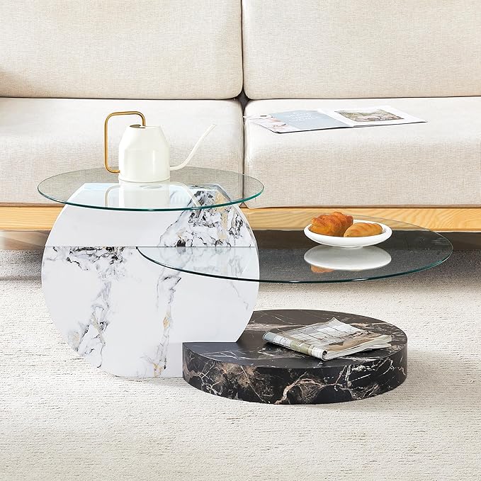 Glass Coffee Tables Round Coffee Tables for Living Room Modern 3 Tier Round Table Circle Coffee Table for Small Space Home Office (35.4 Inch White+Black)