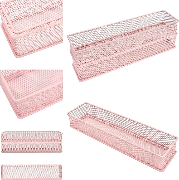 Annova Mesh Stackable Drawer Cabinet and Shelf Organizer Bins Storage Basket School Office Supply Holder Tray- Set of 2 (Light Pink, 3x12x2 Inch)-NeatNest