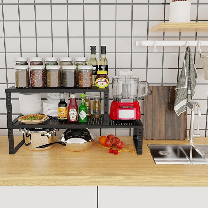 Expandable Adjustable Stackable Kitchen Organizer, Spice Rack,Metal Pantry Storage Shelves Racks,Counter Shelf for Cabinets, Countertop, Cupboard(1 Pack/Medium/Black)-NeatNest