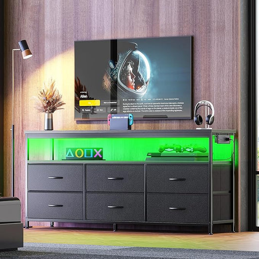 Huuger LED TV Stand for Bedroom, 55 Inch Fabric Dresser with Power Outlets, Entertainment Center for 60, 55, 50 Inch TV, 6 Drawer Dresser for Bedroom, Chest of Drawers with Shlef, PU Leather, Black-NeatNest