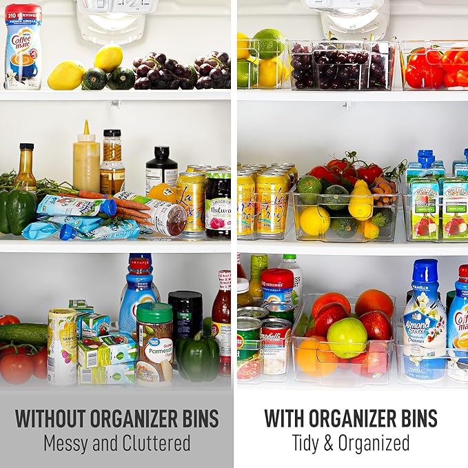 Zulay 4 Pack Clear Refrigerator Organizer Bins - XL Fridge Organizers and Storage Clear - Ideal Freezer Organizer Bins, Refrigerator Storage Containers, Kitchen Cabinets, Pantry Organization