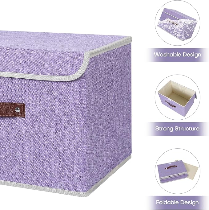 ANMINY 2PCS Storage Bins with Lid PU Leather Handles Storage Boxes PP Plastic Board Decorative Foldable Lidded Cotton Linen Fabric Home Cubes Baskets Closet Organizer Containers - Purple, Large Size-NeatNest