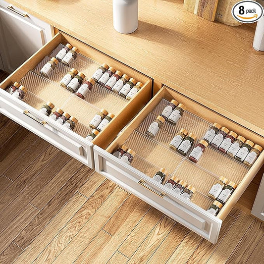 8 Packs Spice Drawer Organizer, 2-Tier Acrylic Drawer Seasoning Organizer, Expandable From 11'' to 22'' Kitchen Spice Rack Organizers and Storage for Drawer (Jars not included), Clear