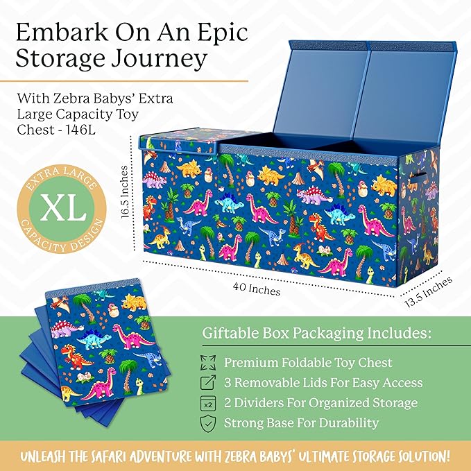 Extra Large Dinosaur Toy Box – 40"x13.5"x16.5" Collapsible Toy Chest with Dividers & Lid for Boys and Girls, Sturdy Kids Toy Organizer Bin for Nursery, Playroom, Bedroom, Stuffed Animal Storage