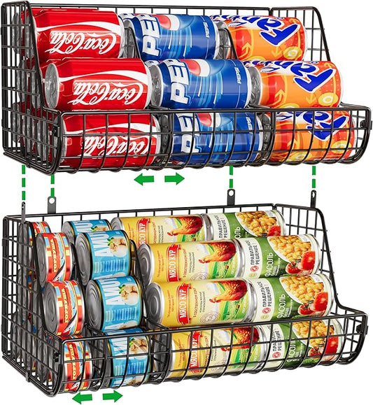 2-Tier Stackable Can Organizer for Pantry Shelves, 2 Pack Soda Can Organizer with 4 Adjustable Dividers, Kitchen Can Storage Organizer, Wire Drink Organizer, Metal Can Dispenser for Cabinets Shelf-NeatNest